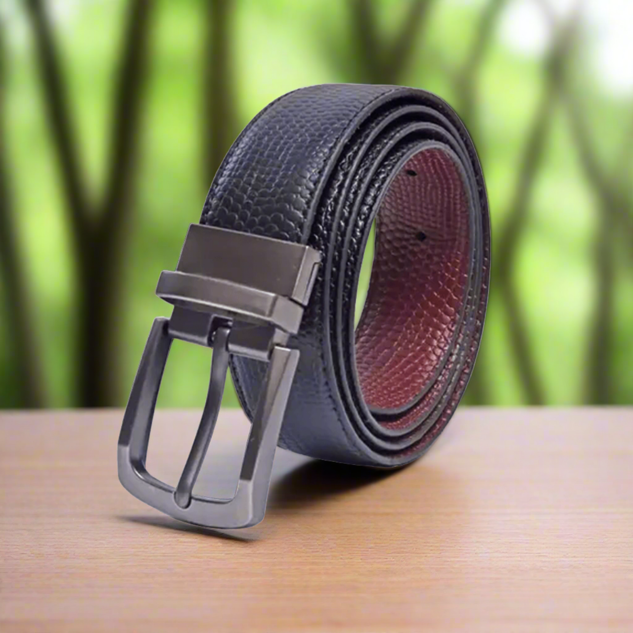 2-in-1 Reversible Leather Belt with Texture Art #809